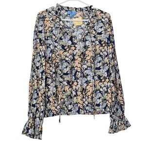 CeCe Blue & Pink Floral Long Sleeve w/ Ruffle Boho Blouse Size Medium